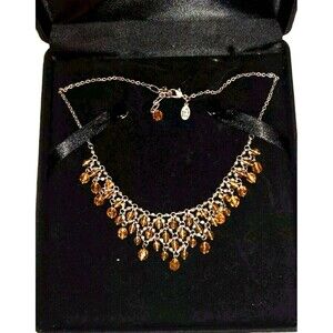 Vtg Phillip Bloch 16” Yellow Glass Beaded Bib Silvertone Necklace In Velvet Box